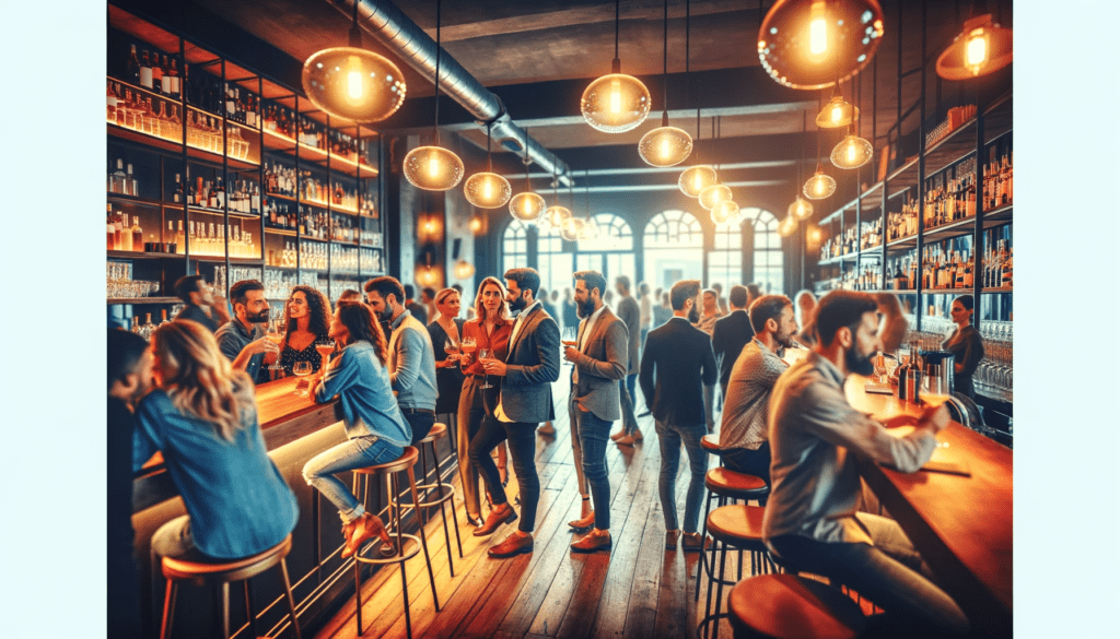 Una escena vibrante y atractiva en un bar de Madrid, con gente socializando y disfrutando de las copas. El ambiente es animado y acogedor, ideal para single