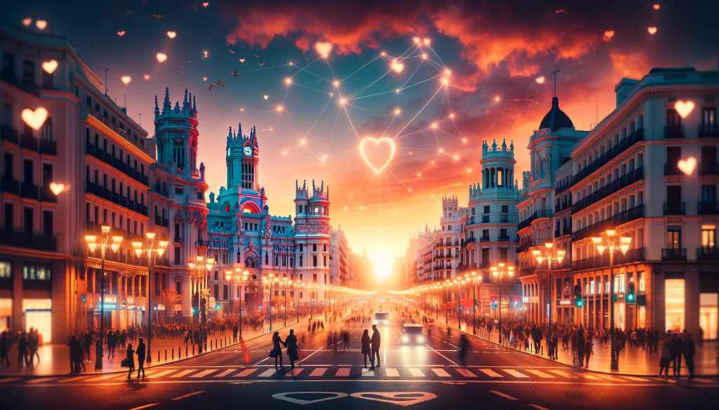 Una imagen cautivadora e inspiradora de Madrid al atardecer, símbolo de nuevos comienzos y oportunidades. La escena muestra lugares emblemáticos de la bella Madrid